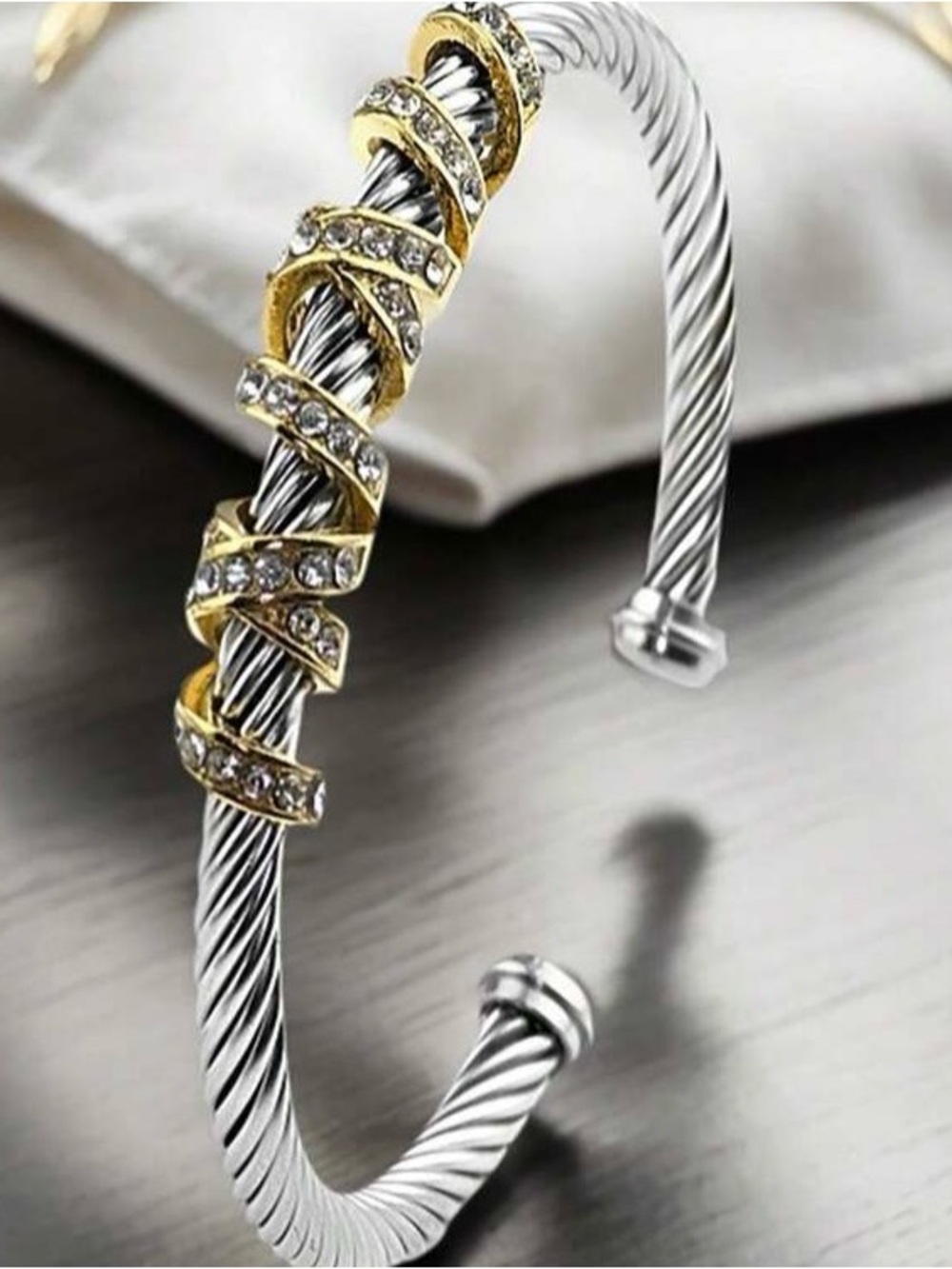 Gold & Silver Twisted Cable Cuff Bracelet with Crystal Accents
